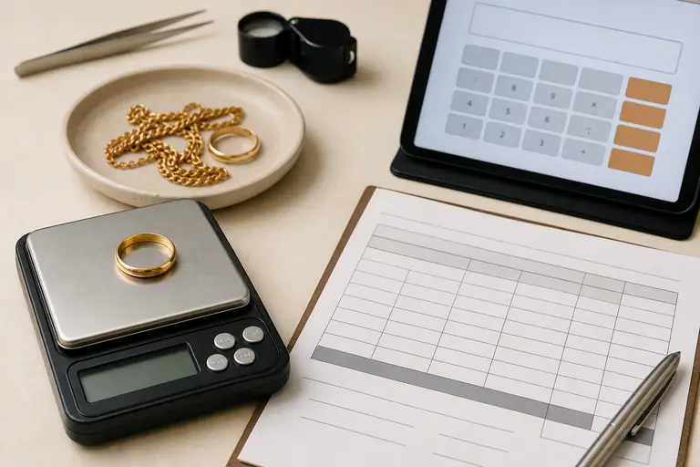 Gold jewelry on a digital scale for live gold value calculation