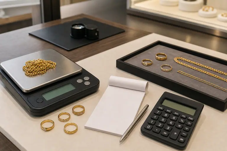 Gold jewelry appraisal desk with scale and calculator