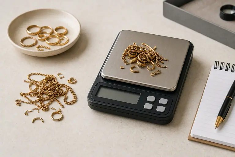 Broken scrap gold chains and rings being weighed for melt value